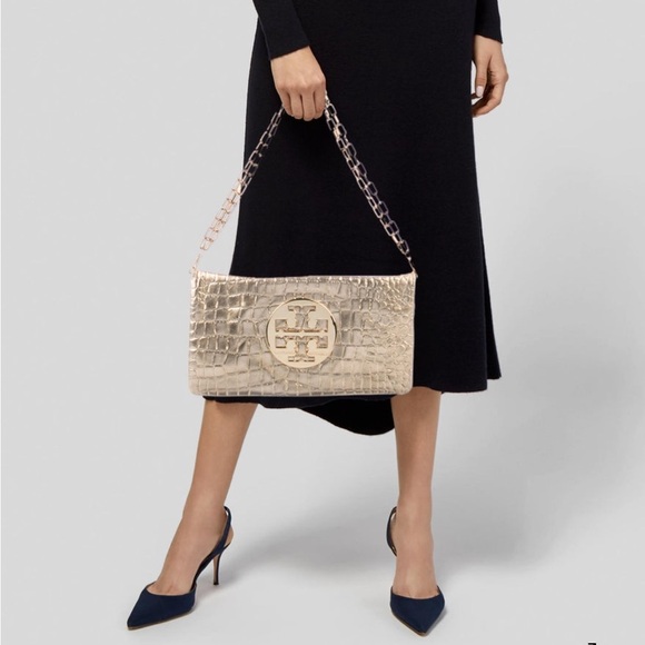 Tory Burch Gold Embossed Metallic Reva Clutch - Picture 1 of 8